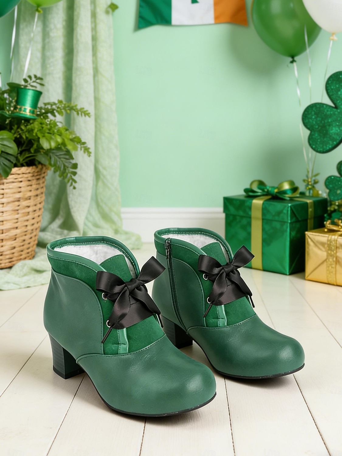 Damskie zielone, sznurowane botki do kostki z ozdobnym kokardką – stylowe i vintage na parady, uroczystości i festyny z okazji Dnia Świętego Patryka 2026 - $59.99 –P5