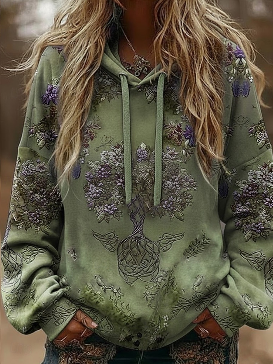 מעיל הודי וינטאג' בוהו לנשים מדפסת תלת ממד פאטצ'וורק מעיל סוודר פרחוני סוודר פולאובר סוודר אוברסייז חם ספורטיבי קפוצ'ון יומיומי פאטצ'וורק שחור לבן צהוב ורוד כהה אביב סתיו חורף 2026 - $28.99 –P3