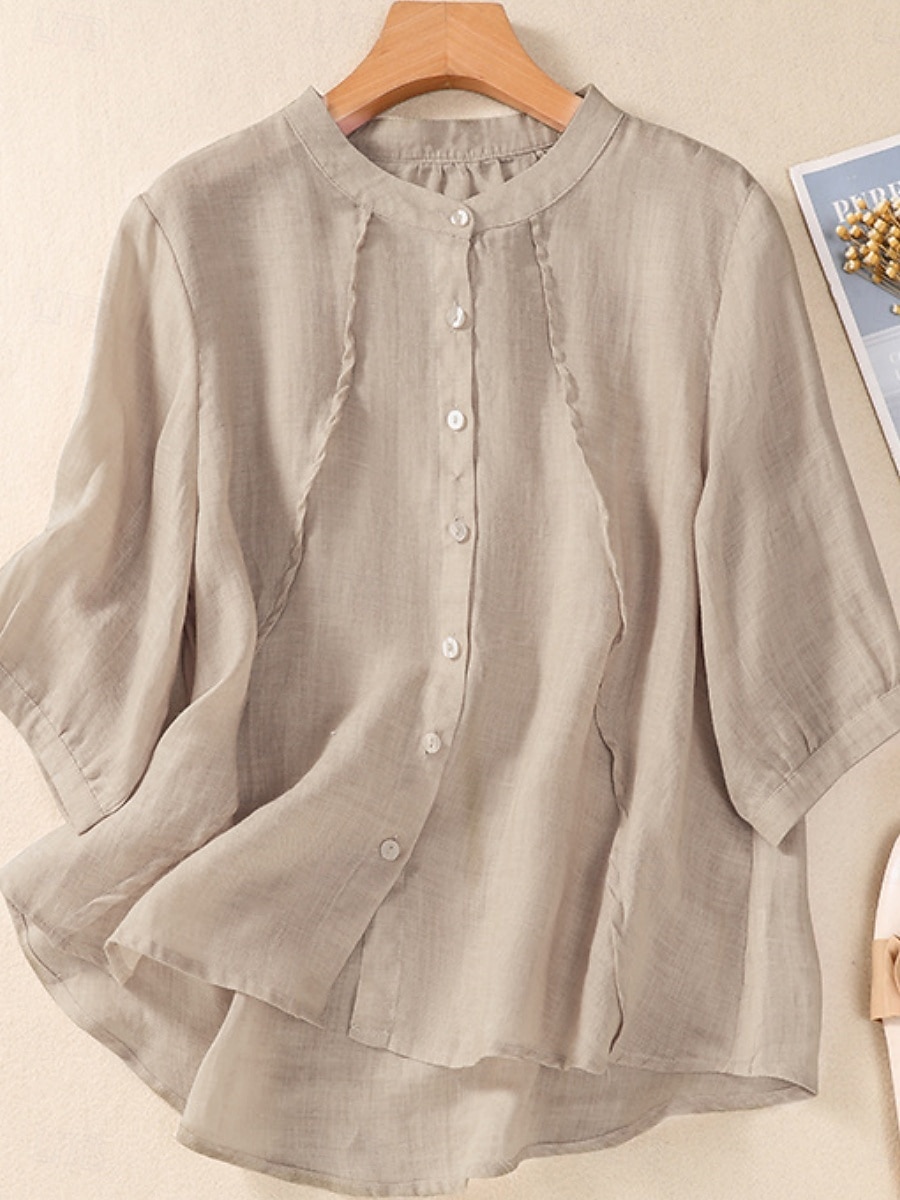 Γυναικεία Μπλούζα Λινό από ψεύτικο βαμβάκι Κεντητό Κουμπιά Φλοράλ Στυλάτο Καθημερινό 3/4 Μήκος Μανικιού Μανδαρίνο Κολλάρο Κανονικά μπλουζάκια Καθημερινά Ανθισμένο Ροζ Βυσσινί Πορτοκαλί Χακί 2026 - $34.99 –P2