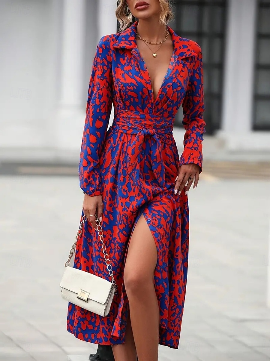 Women's Midi Dress A Line Dress Summer Dress Casual Daily Regular Fit Graphic Leopard Long Sleeve Lapel Navy Fuchsia Green Spring 2026 - $34.99 –P3