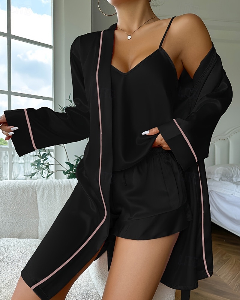 Per donna Pigiama Camicia da Notte Set Pigiama Casual Morbido Raso Colore Puro Coulisse Shorts Quotidiano Casa Da letto Manica Lunga Spalline Nero Champagne Rosa Rosso Estate Vestibilità comoda del 2026 a $37.99 –P5