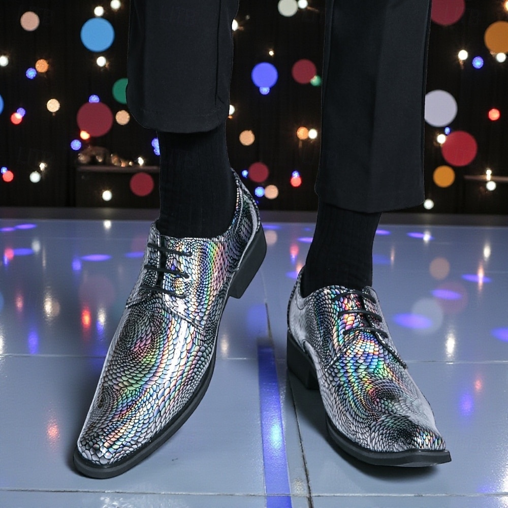 Männer Mardi Gras farbenfrohe schillernde Schlangenprint Anzugschuhe metallic grün und lila Schnürdesign stylisch und mutig ideal für Karneval und festliche Feiern 2026 - $59.99 –P5
