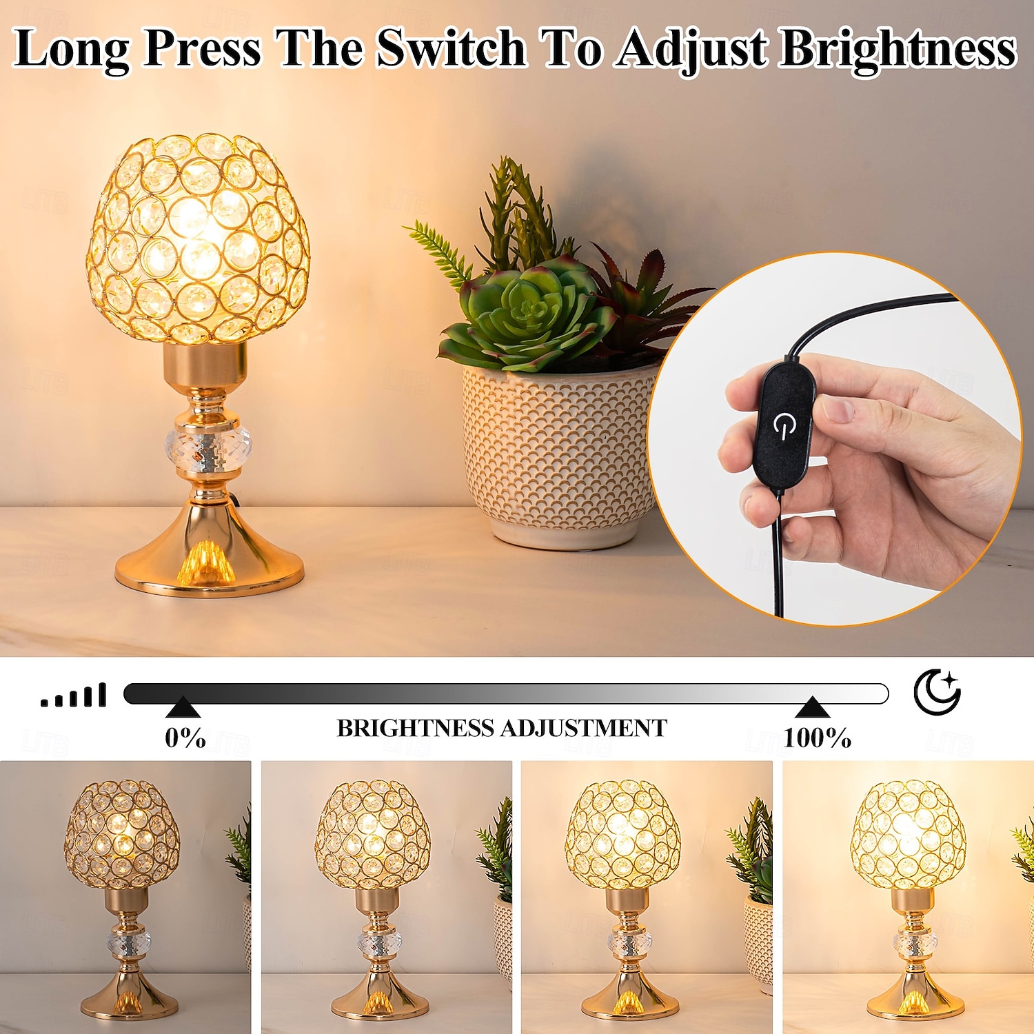 Bougie en cristal doré, lampe de chevet de luxe rechargeable, lumière chaude 3000K, intensité variable, idéale pour la chambre, les mariages et les fêtes. de 2026 ? $64.99 –P4