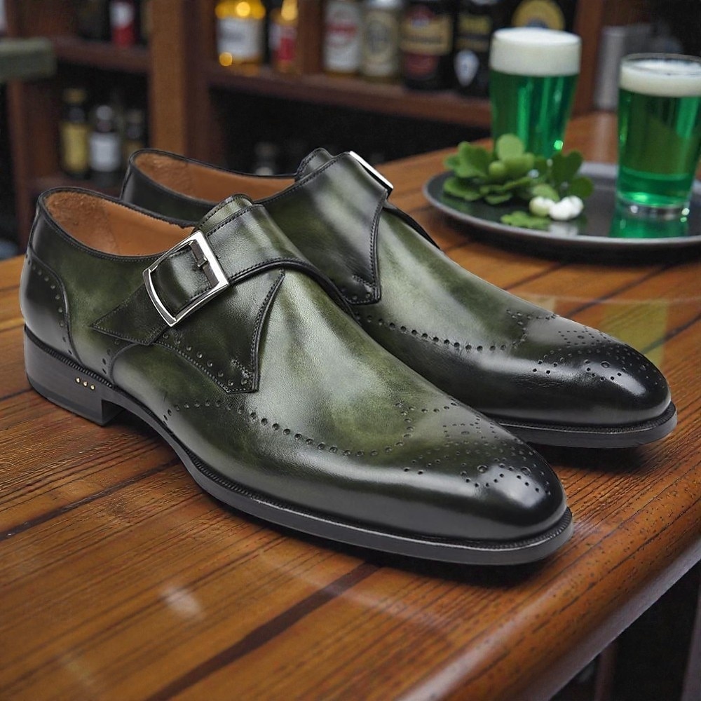 Ανδρικά πράσινα παπούτσια με λουράκια μοναχού και λεπτομέρειες brogue, κομψά επίσημα υποδήματα για γάμους, επαγγελματικά πάρτι και εμφανίσεις για την ημέρα του Αγίου Πατρικίου 2026 - $59.99 –P1