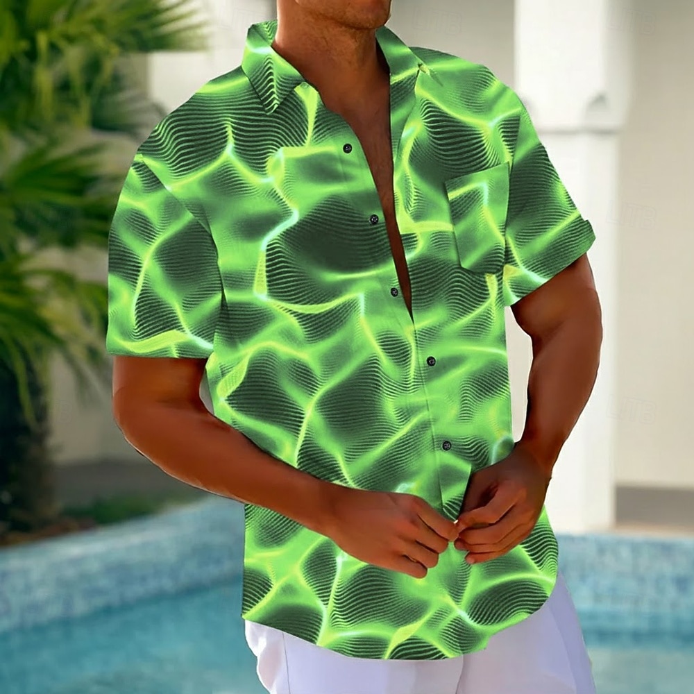 Herren Blitz Abstrakt Neonleuchten Hemd Sommerhemd Knopfhemd Kurzarm Modisch lässig Outdoor Urlaub Alltagskleidung Sommer Frühling Umlegekragen 3D-Druck Hemden mit Kragen Eine Tasche vorne Blau 2026 - $25.99 –P3