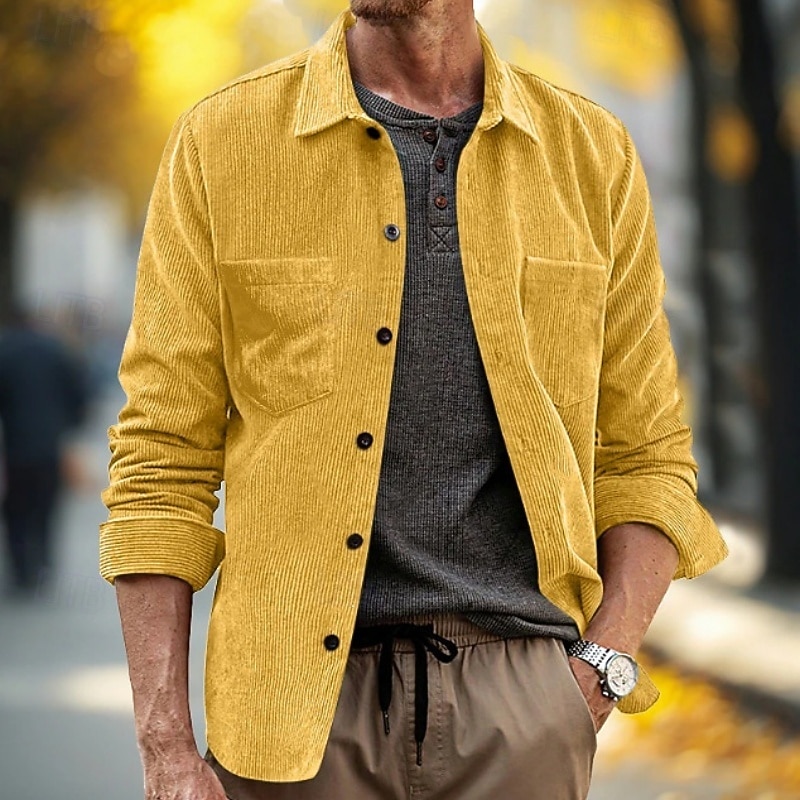 Per uomo Camicia Camicia casual Camicia da Spiaggia Camicia di Velluto a Coste Camicia con Bottoni Nero Giallo Kaki Manica Lunga Tinta unica Bavero Quotidiano Vacanza Tasca Abbigliamento Moda Casual del 2026 a $23.99 –P1