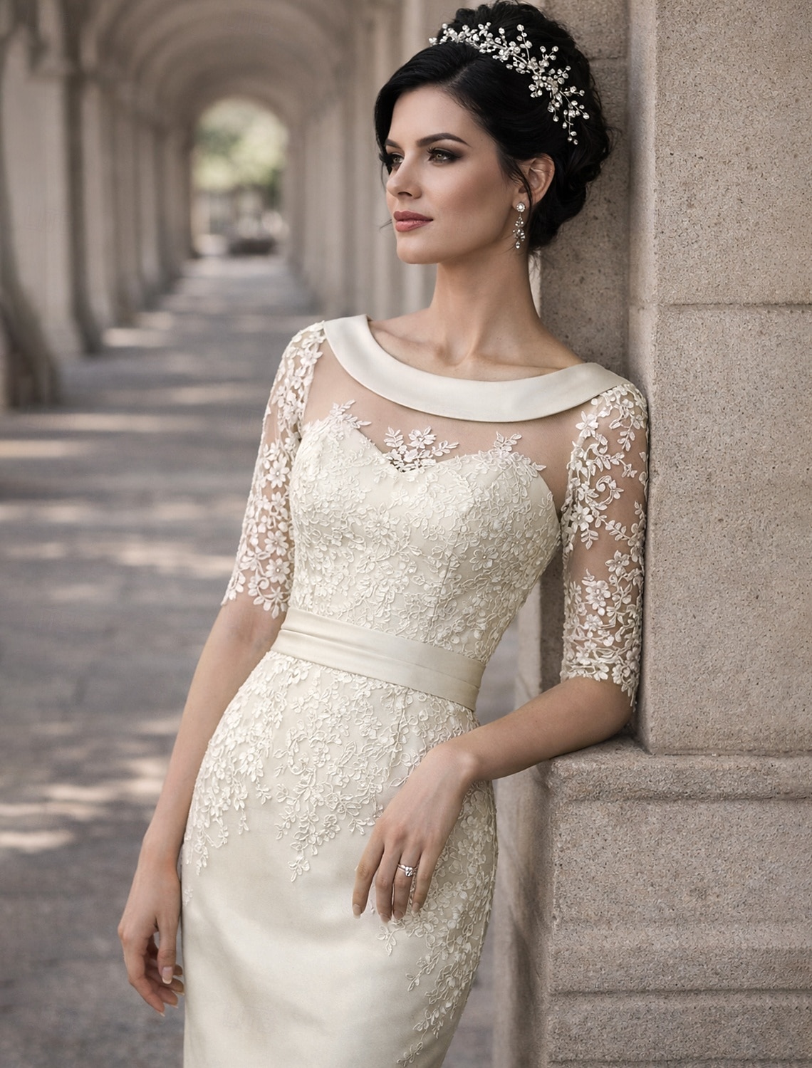 Sheath Column Knee Length Party Dress Cocktail Dress Wedding Guest Dress Mother of the Bride Dress Short Sleeve Jewel Neck Elegant Vintage Wedding Guest Satin Lace with Appliques 2026 - $115.99 –P2