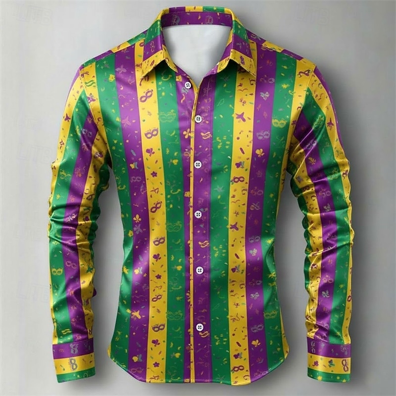Мужская рубашка для карнавала Марди Гра, атласная рубашка с графическим принтом в полоску и маской – классический полосатый фестивальный стиль. 2026 - $29.99 –P1