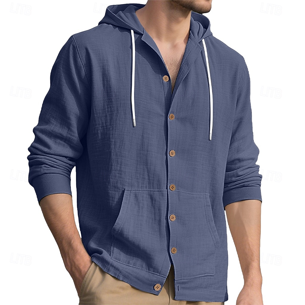Men's Shirt Linen Shirt Summer Shirt Beach Wear Hooded Shirt Solid Color Vacation Street Black White Yellow Navy Blue Long Sleeve Shirt Collar Summer Spring Clothing Apparel Pocket 2026 - $24.99 –P11