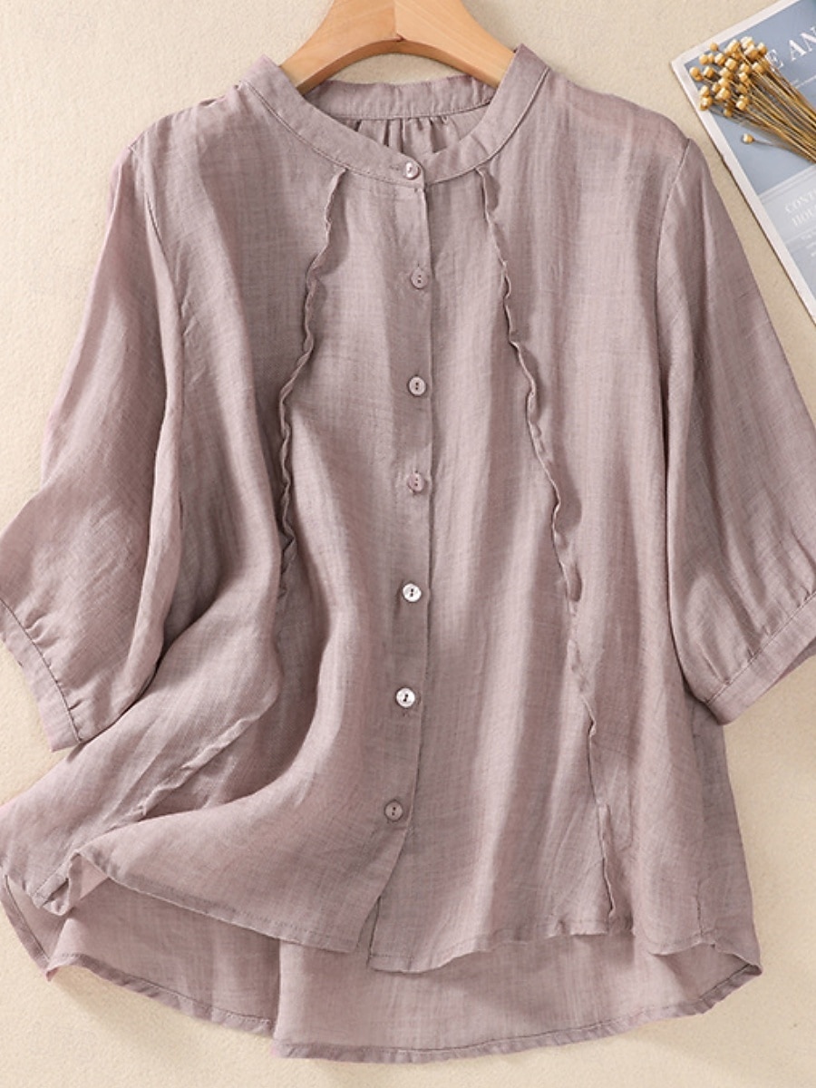 Γυναικεία Μπλούζα Λινό από ψεύτικο βαμβάκι Κεντητό Κουμπιά Φλοράλ Στυλάτο Καθημερινό 3/4 Μήκος Μανικιού Μανδαρίνο Κολλάρο Κανονικά μπλουζάκια Καθημερινά Ανθισμένο Ροζ Βυσσινί Πορτοκαλί Χακί 2026 - $34.99 –P12