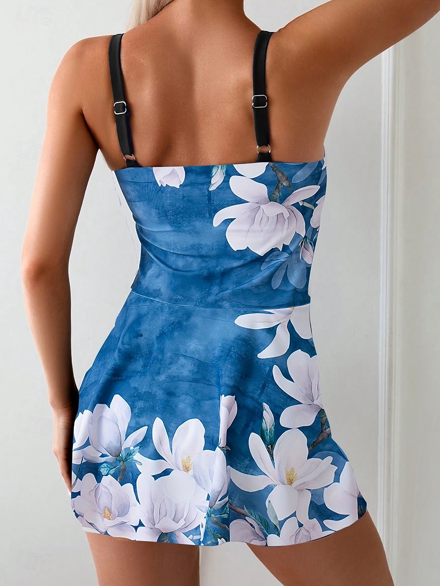 2026年 女性用ワンピース水着 スカート付き モノキニ ハイカット タミーコントロール ハイウエスト スリム バックレス バカンス ヴィンテージ フローラル グラフィック Uネック ノースリーブ 水着  コレクション – $44.99 –P3