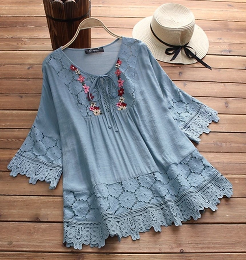 Γυναικεία Πουκάμισο Popover Casual πουκάμισο Μπλούζα Σουρωτά Δαντέλα Κουρελού Σκέτο Κομψό Μοντέρνα Κομψό στυλ street 3/4 Μήκος Μανικιού Στρογγυλή Ψηλή Λαιμόκοψη Λαιμόδεση Κανονικά μπλουζάκια 2026 - $9.49 –P6