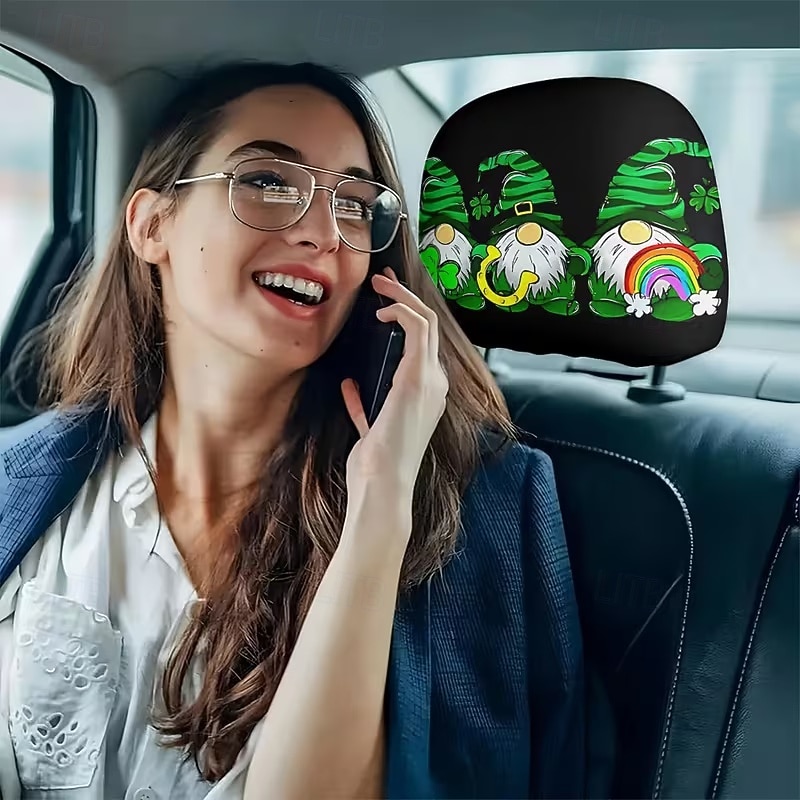 2 capas de encosto de cabeça para carro com trevo verde | compatíveis com todos os veículos, pretas &Adesivo para carro com estampa de trevo verde, design plano 2D, poliéster, fácil instalação - de 2026 por $7.99 –P21