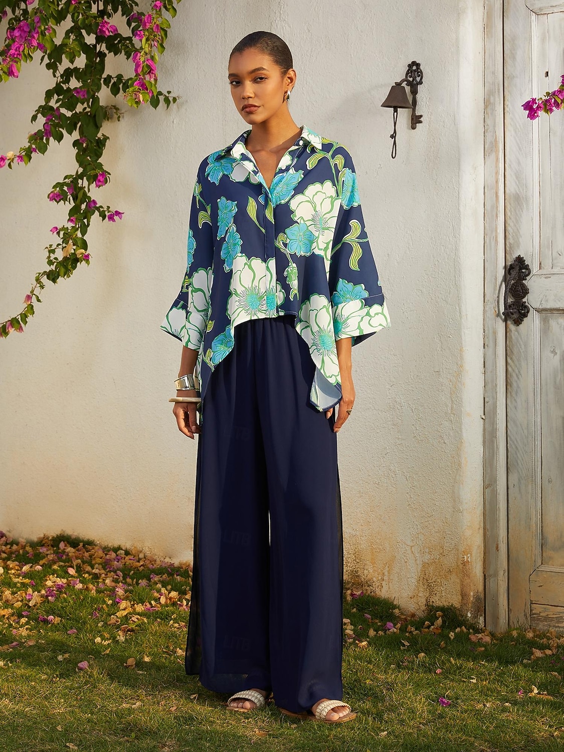 camicia corta in chiffon con stampa floreale verde da vacanza del 2026 a $79.99 –P3