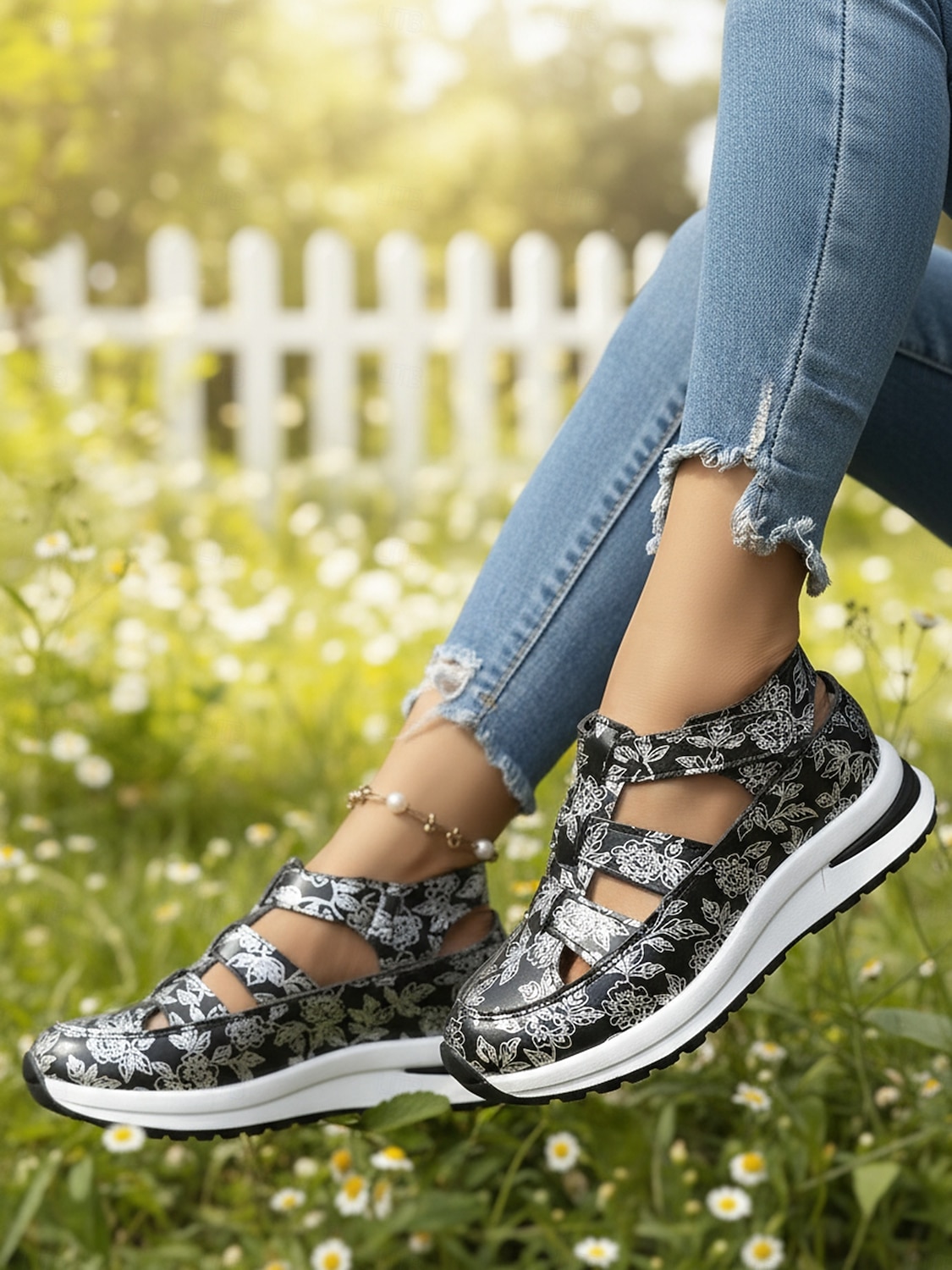 Svartvita blommiga sportsandaler för kvinnor – ihåliga promenadskor med sluten tå och kilformad sula för sommarresor och utomhusaktiviteter 2026 - $32.99 –P2