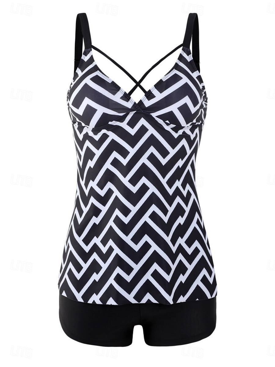 Тtankini для женщин 2 предмета купальник шорты контроль живота высокая талия,Slim без спины отпуск пляжная одежда полоска геометрический V-образный вырез безрукавный купальник 2026 - $19.99 –P2