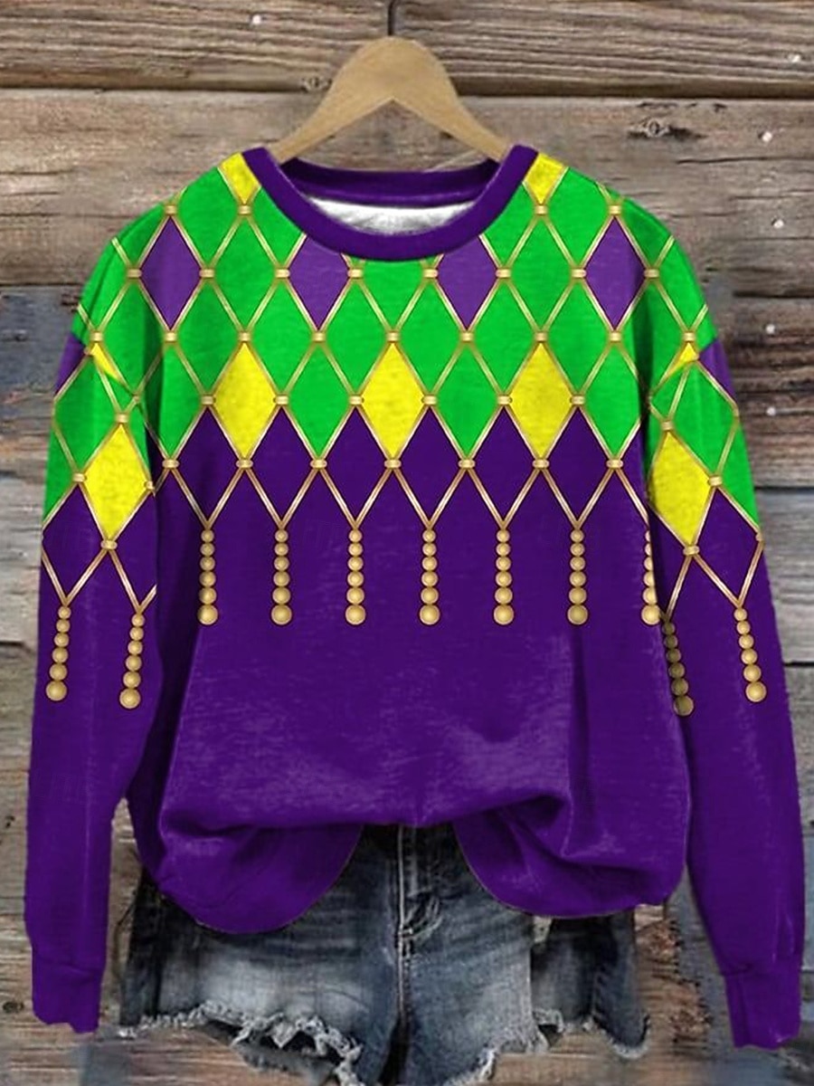 Felpa Pullover da Donna Carnival Maglietta Grafica Astratta Casual Maniche Lunghe Collo Giro Regular Tops Moda Quotidiana Giallo Viola Verde Primavera Inverno del 2026 a $28.99 –P3