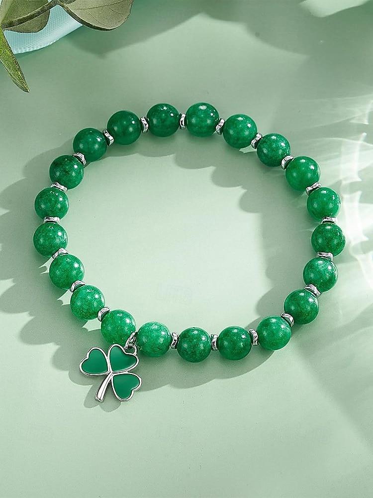 Set med shamrockarmband och örhängen i legering och akryl för kvinnor, gröna och vita pärlor, perfekt för St. Patricks dag och vardagsbruk 2026 - $11.99 –P4