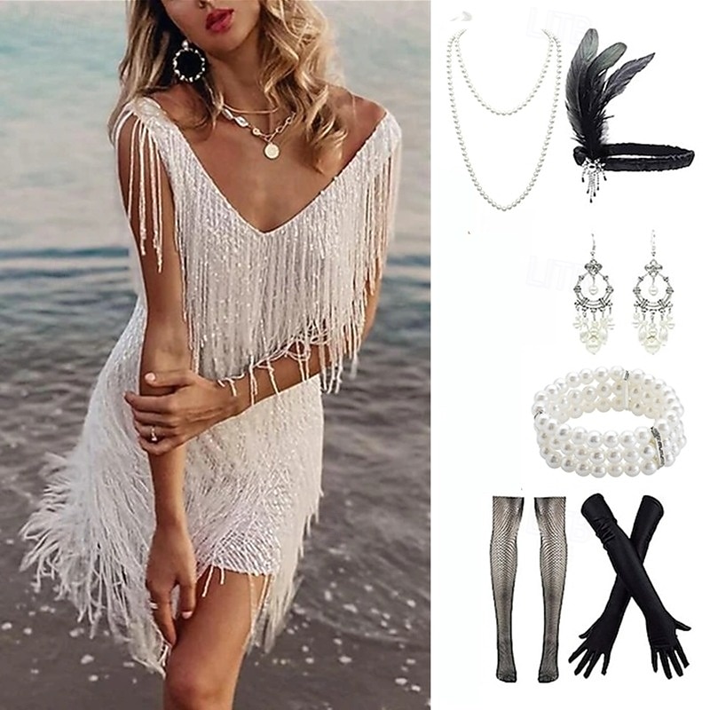 Roaring 20s 1920s Mini Dress Wedding Party Bachelor Party Sleeveless The Great Gatsby Wedding Guest Sequins Tassel Fringe Sequin Tassel V Neck Fancy Dress Women's Carnival Masquerade Evening Party 2026 - $68.99 –P6