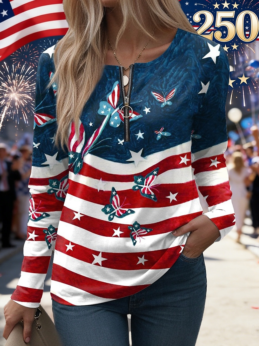 T-shirt blu con grafica patriottica per il Giorno dell'Indipendenza anniversario americano maniche lunghe collo rotondo bandiera moda stilosa casual abbigliamento quotidiano stampa con zip estate del 2026 a $25.99 –P1