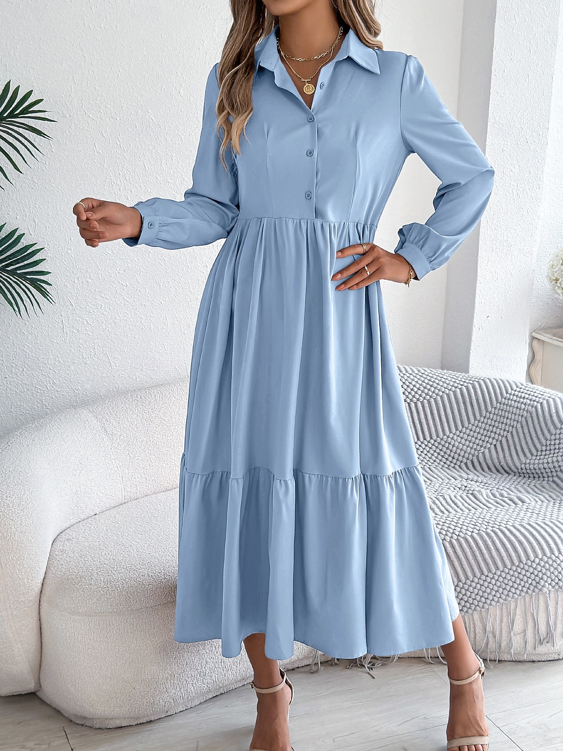 Women's Midi Dress A Line Dress Casual Daily Regular Fit Plain Long Sleeve Lapel Blue Navy Wine Green Spring 2026 - $36.99 –P9
