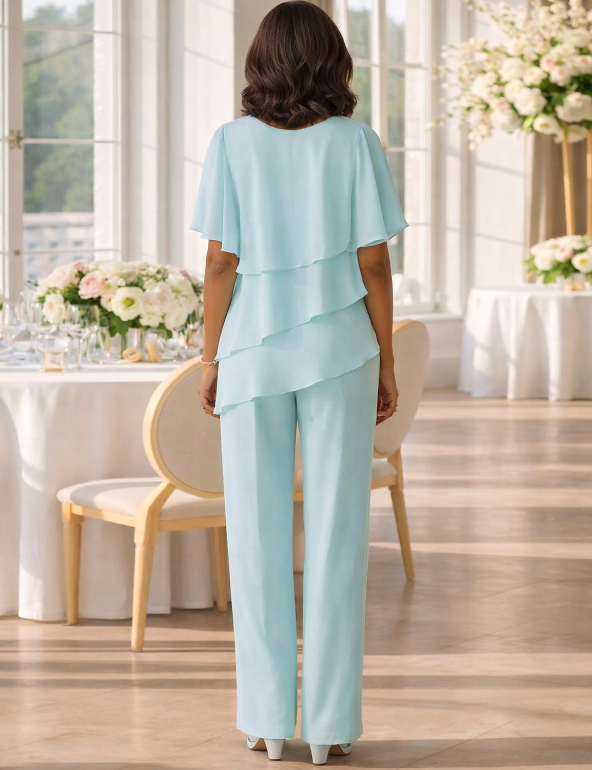 Duas Peças Terninho Longo Vestido Para Mãe dos Noivos Manga Curta Decorado com Bijuteria Elegante Tamanhos Grandes Convidado do casamento Chiffon com Babados em Cascata de 2026 por $153.99 –P2