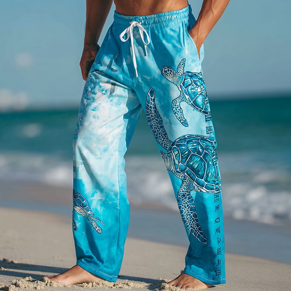 Men's Turtles Sea Creatures Trousers Casual Pants Baggy Pants Mid Waist Hawaiian Outdoor Vacation Beach Wear Elastic Drawstring Waist Linen-Like Pants with Pockets Summer Spring 3D Print Blue Sky 2026 - $27.99 –P3