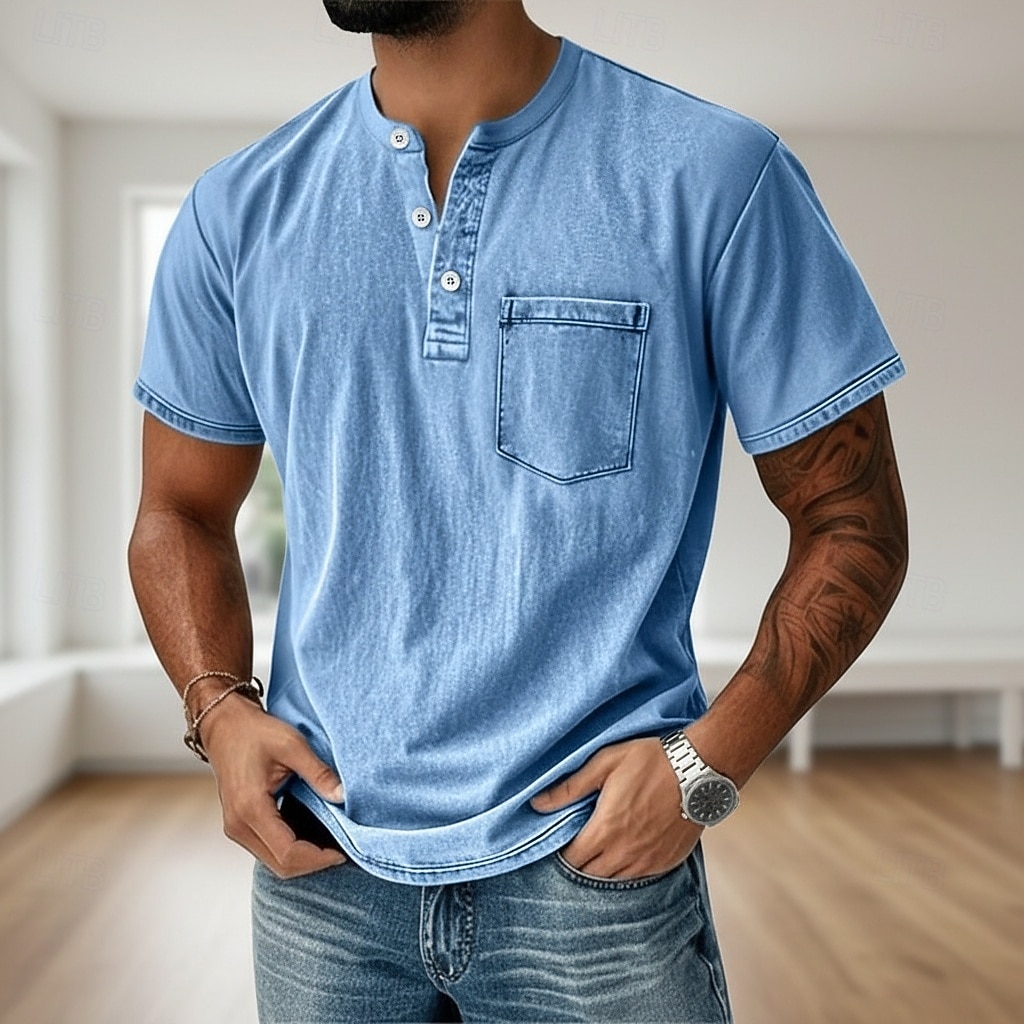 Men's Henley Shirt 100% Cotton Acid Wash Shirt T shirt Tee Short Sleeve Solid Retro Vintage Casual Vintage Style Washed Henley Casual Summer Spring Fall Black Pink Light Green Henley T-Shirt 2026 - $31.99 –P3