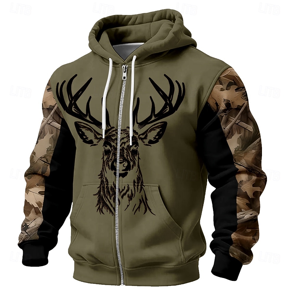 Men Zip Up Hoodie Deer Head Line Art Graphic Camouflage Sleeves Tactical Hunting Sweatshirt Army Green Outdoor Jacket Clothing Apparel S M L XL XXL XXXL 2026 - $28.99 –P1