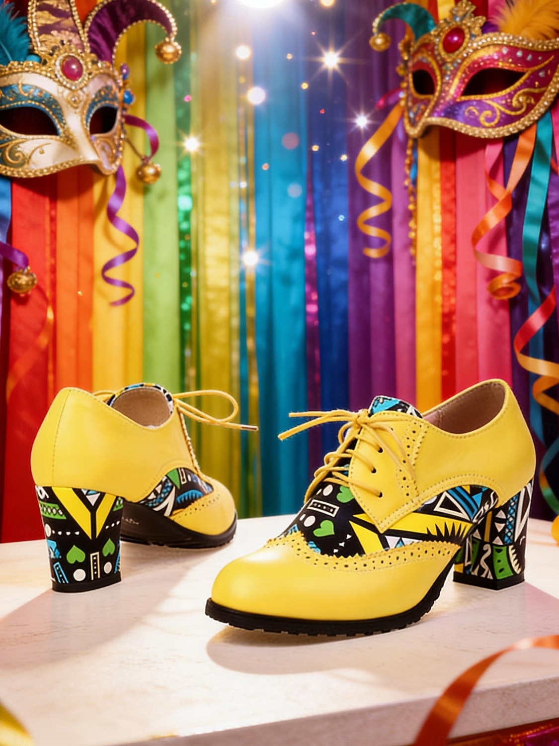 Kvinnors Mardi Gras Gröna Snörning Knasiga Mönstrade Klackar Oxford – Färgglad Karneval Stil Perfekt för Festivalfirande Rolig  Vibrant Look 2026 - $54.99 –P7