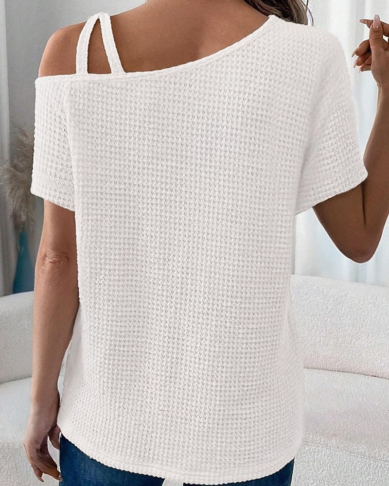 Mujer Camiseta Color sólido Vintage Elegante Manga Corta Cuello asimétrico Tops regulares Diario Noche Fin de semana Negro Blanco Rosa Caqui Verano Primavera 2026 - $25.99 –P9