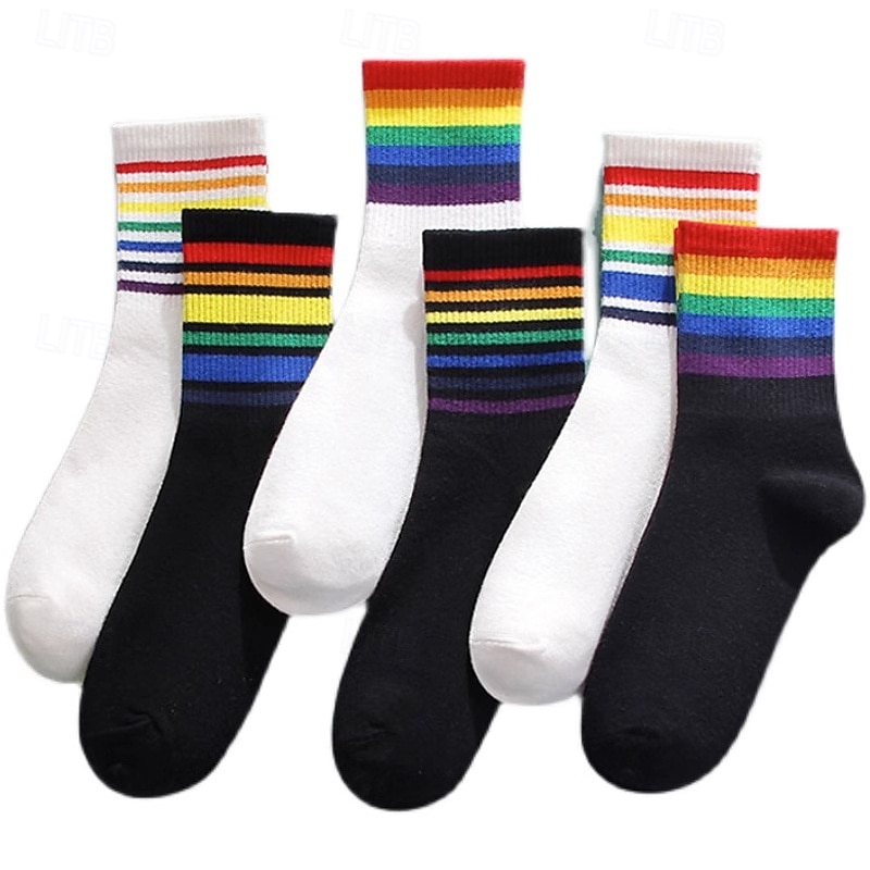Conjunto de meias de cano alto com listras do Mardi Gras - Pacote de 6 meias casuais em mistura de algodão estilo unissex para carnaval festival do orgulho e roupas de festa de 2026 por $14.99 –P2
