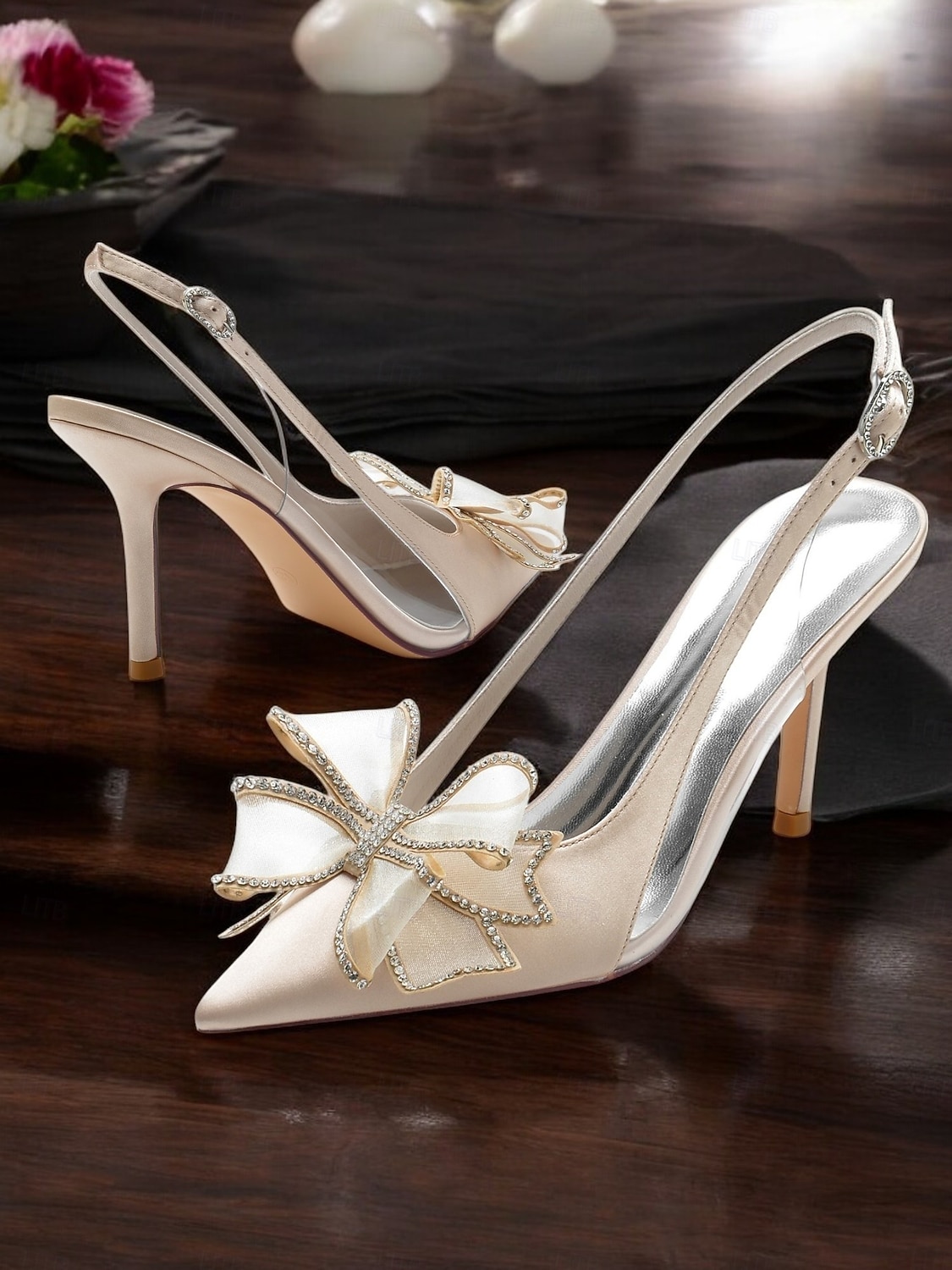 elegantit satiinikorkokengät kristallirusetilla – slingback-hääkengät klassisiin tanssiaisiin ja intiimeihin seremonioihin 2026 - $64.99 –P1