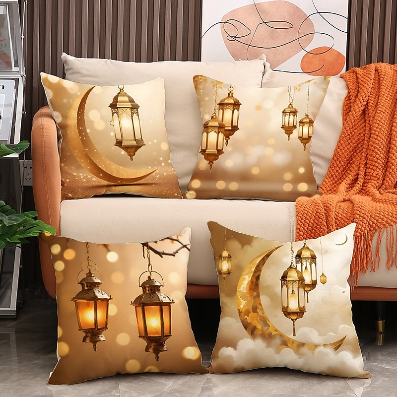 Ramadan Eid Throw Pillow Cover, Gold Crescent Moon & Oil Lamp Print, Ethnic Festival Decor, Sofa Cushion for Living Room and Prayer Room, Holiday Accent Pillow 2026 - $13.99 –P1