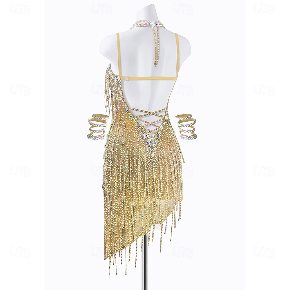 Women's Gold Rhinestone Fringe Latin Dance Dress Set - Sparkly Asymmetrical, Choker & Cuffs Included Ballroom Performance 2026 - $314.29 –P2