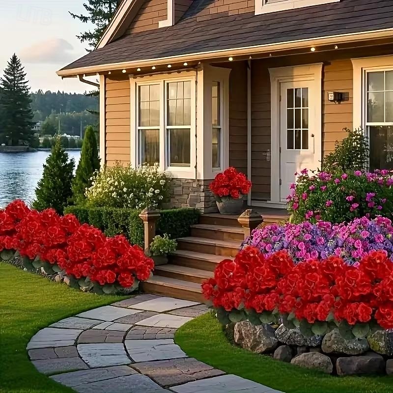 6 větví, kytice z umělých pelargónií odolných proti UV záření, 30 stonků/větví, zářivě červené květy s bujným zeleným olistěním, realistická plastová dekorace do interiéru/venkovního prostředí, 2026 - $25.99 –P7