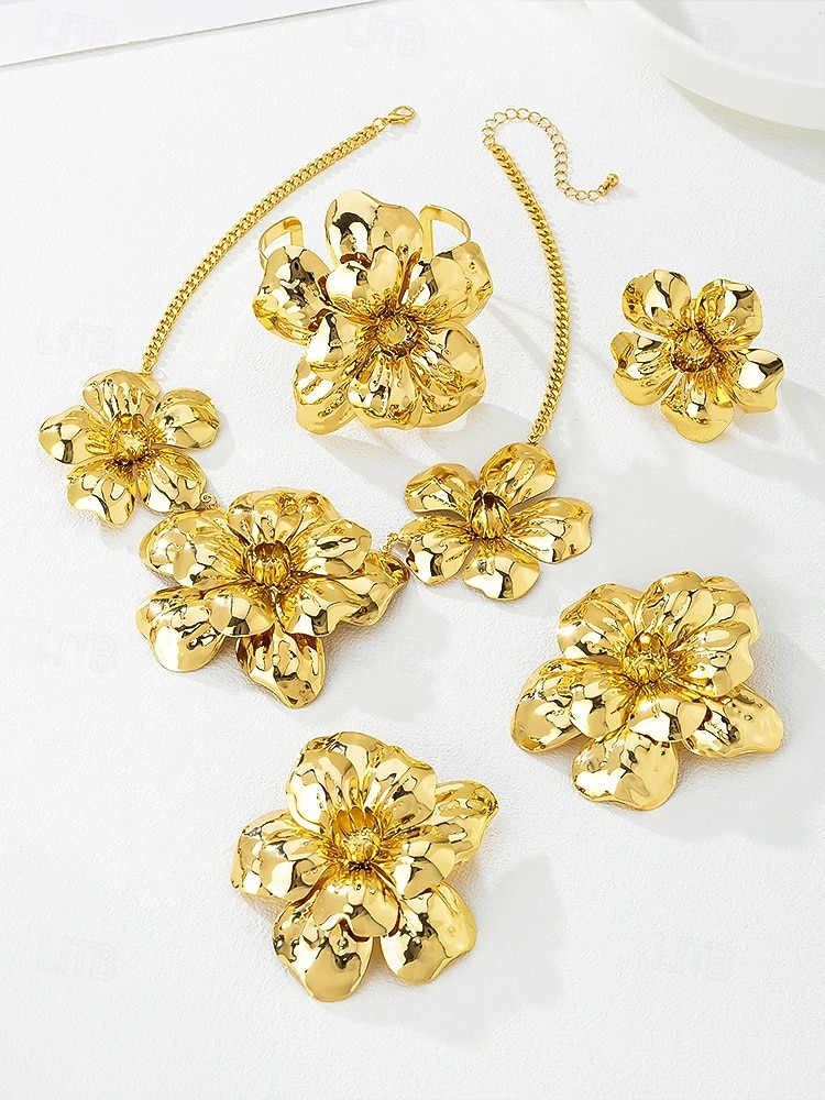 2026年 女性用 ステートメント ゴールドトーン フラワージュエリーセット – 合金ネックレス、イヤリング、ブレスレット、リング、カーニバル、マルディグラ、コスチュームパーティー用  コレクション – $18.99 –P5