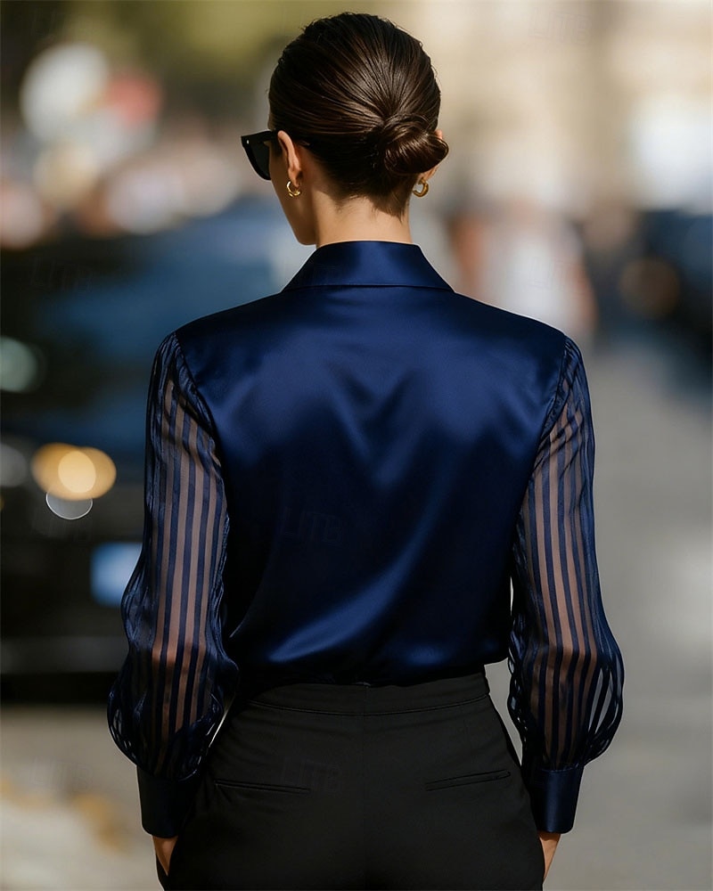 Mujer Camisa Elegant Top de satén Blusa Frunce Encaje Retazos Color sólido Plano Elegante Vintage Diario Manga Larga Cuello Camisero Tops regulares Diario Trabajo Festivos Negro Blanco Rojo Azul Real 2026 - $28.99 –P8