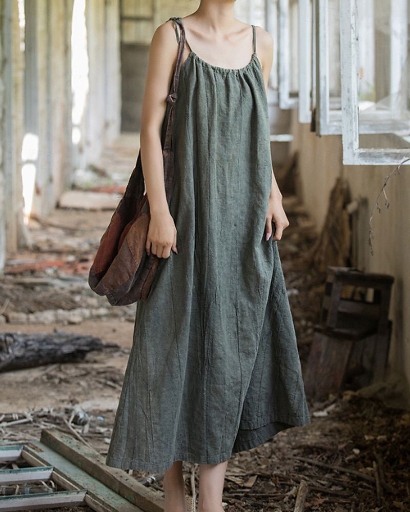 Women's Midi Dress Cotton Linen Dresses Shift Dress Sundress Slip Dress Vintage Fashion Daily Outdoor Vacation Loose Fit Plain Sleeveless Straps Blue Teal White Yellow Summer Spring 2026 - $49.99 –P12