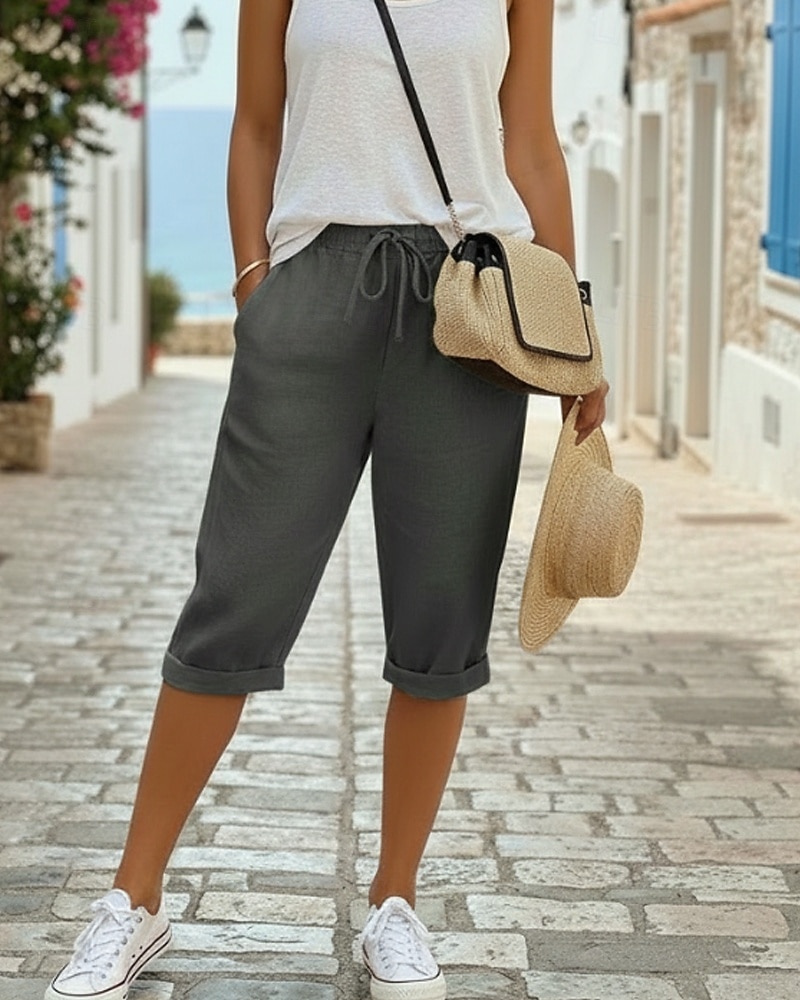 Жен. капри шорты Шорты из хлопка и льна Чино Укороченные Отпуск Уличный стиль На каждый день Длина колена Нормальная Полотняное плетение Кулиска Карман Удобный Дышащий Неэластичная 2026 - $19.99 –P11