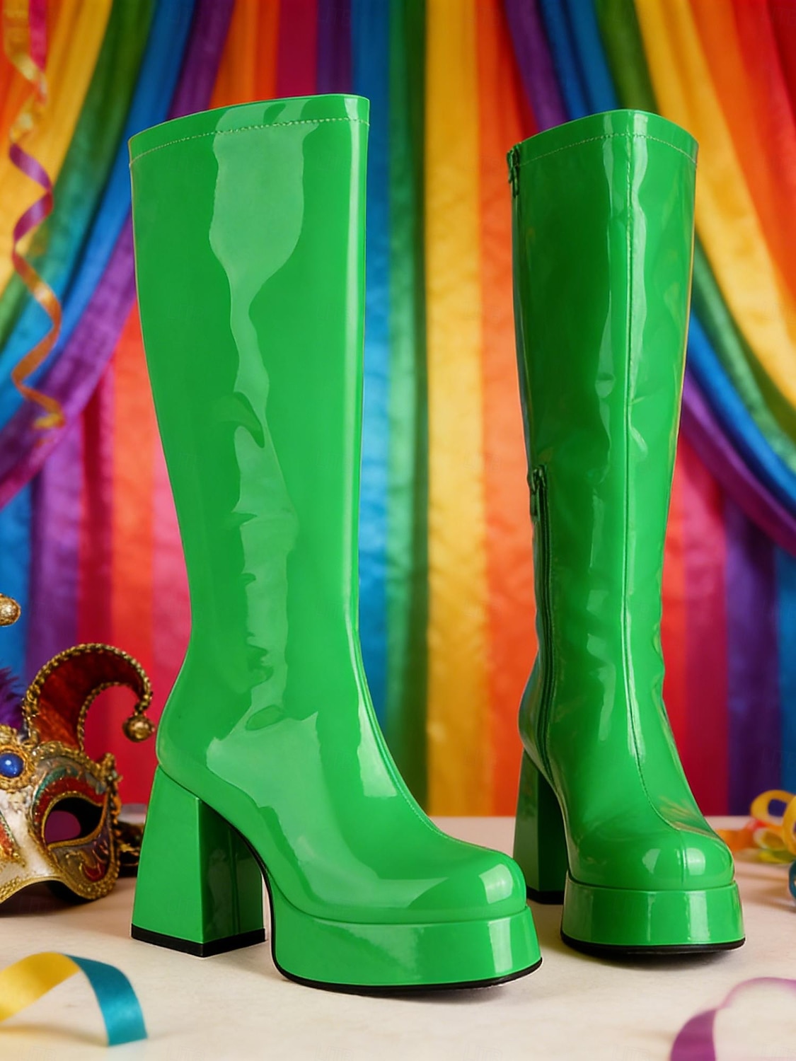 Women's Mardi Gras 1980s Retro Purple Platform Knee-High Boots with Block Heels – Shiny Patent Faux Leather, Perfect for Carnival Parades and Festive Celebrations 2026 - $84.99 –P7