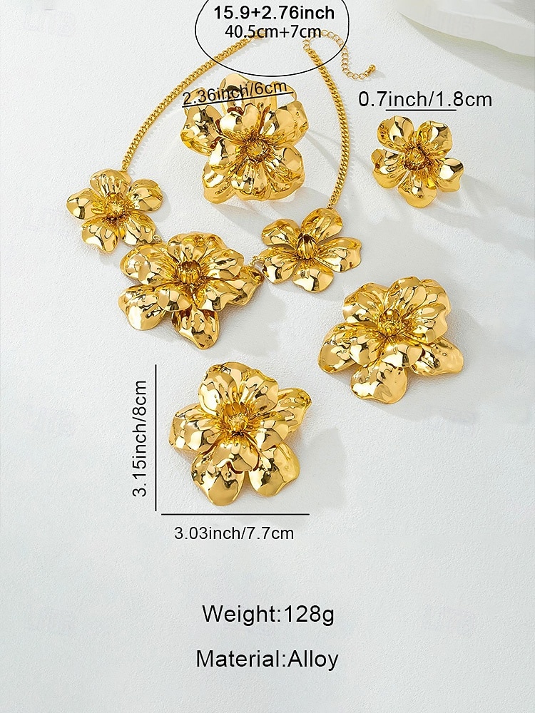 2026年 女性用 ステートメント ゴールドトーン フラワージュエリーセット – 合金ネックレス、イヤリング、ブレスレット、リング、カーニバル、マルディグラ、コスチュームパーティー用  コレクション – $18.99 –P7