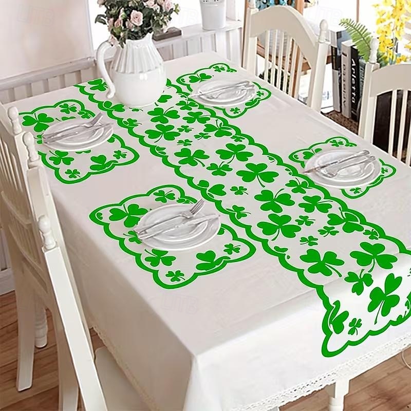 5PCS St. Patrick's Day Table Placemats & Table Runner Set, Green Shamrock Lace Embroidery, Feather-Free, No Power Needed, Multi-Holiday Decor 2026 - $19.99 –P3