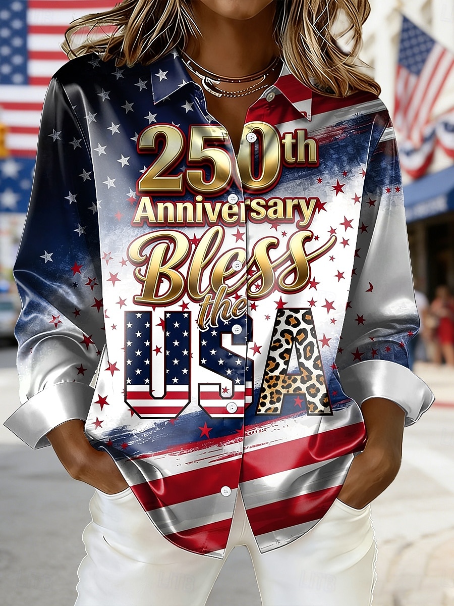 Giorno dell'Indipendenza Anniversario Americano Patriottico Camicia Donna Grafica Bandiera Vintage Elegante Moderna Manica Lunga Collo Camicia Top Regolari Stile Giornaliero Blu Bianco Estate del 2026 a $28.99 –P1