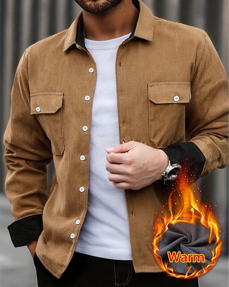 Herren Hemdjacke Cordjacke Freizeitjacke Jacke-Shirt Lässig Täglich Tasche Knöpfe Herbst Winter Farbblock Streetwear Täglich Umlegekragen Regulär Blau Dunkelgrau Rote Khaki Armeegrün Jacken 2026 - $31.99 –P1
