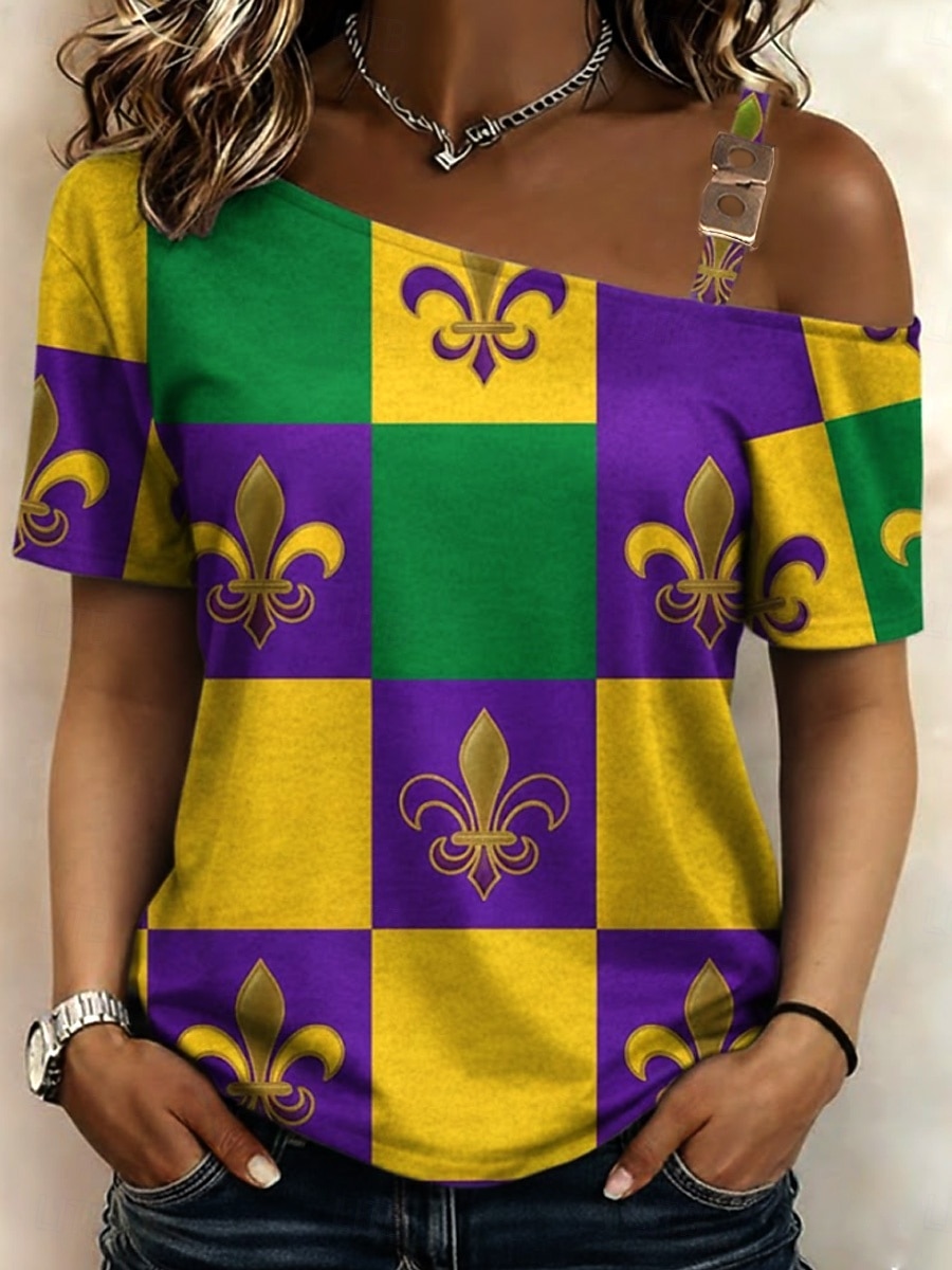 Mardi Gras Dámské Tričko Grafika Tropický vzhled Havajské stylové Krátký rukáv Asymetrický krk Crop Tops Svatba na pláži Denní Sport Bílá / černá Bílá Žlutá Světle zelená Fialová Léto Jaro 2026 - $21.99 –P1