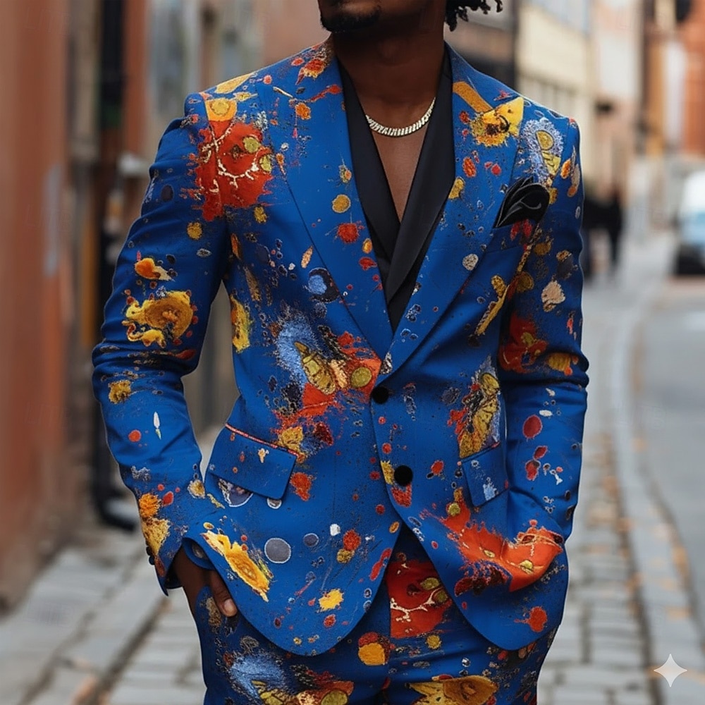 2026年 男性用 カラーブロック ブレザージャケット コート ファッション 快適 高通気性 カジュアル 日常 ストリートウェア カジュアル ポケット 3Dプリント ボタン オールシーズン ノッチドラペル 長袖 ブルー ブラック ホワイト  コレクション – $85.99 –P2