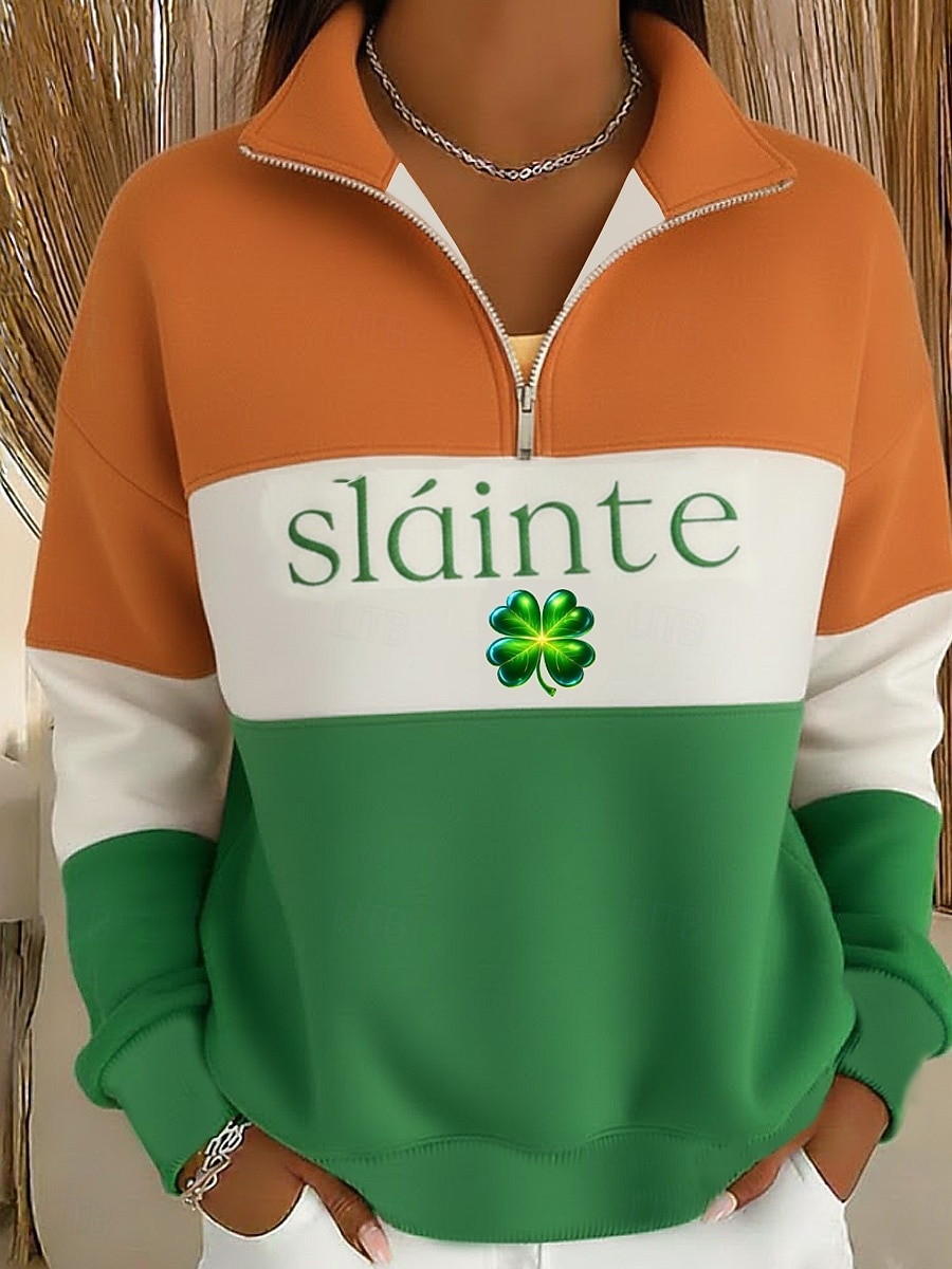 Mikina na Den svatého Patrika pro ženy grafika shamrock casual dlouhý rukáv půlzip běžné vršky casual sváteční zip černá oranžová zelená jaro podzim 2026 - $26.99 –P1