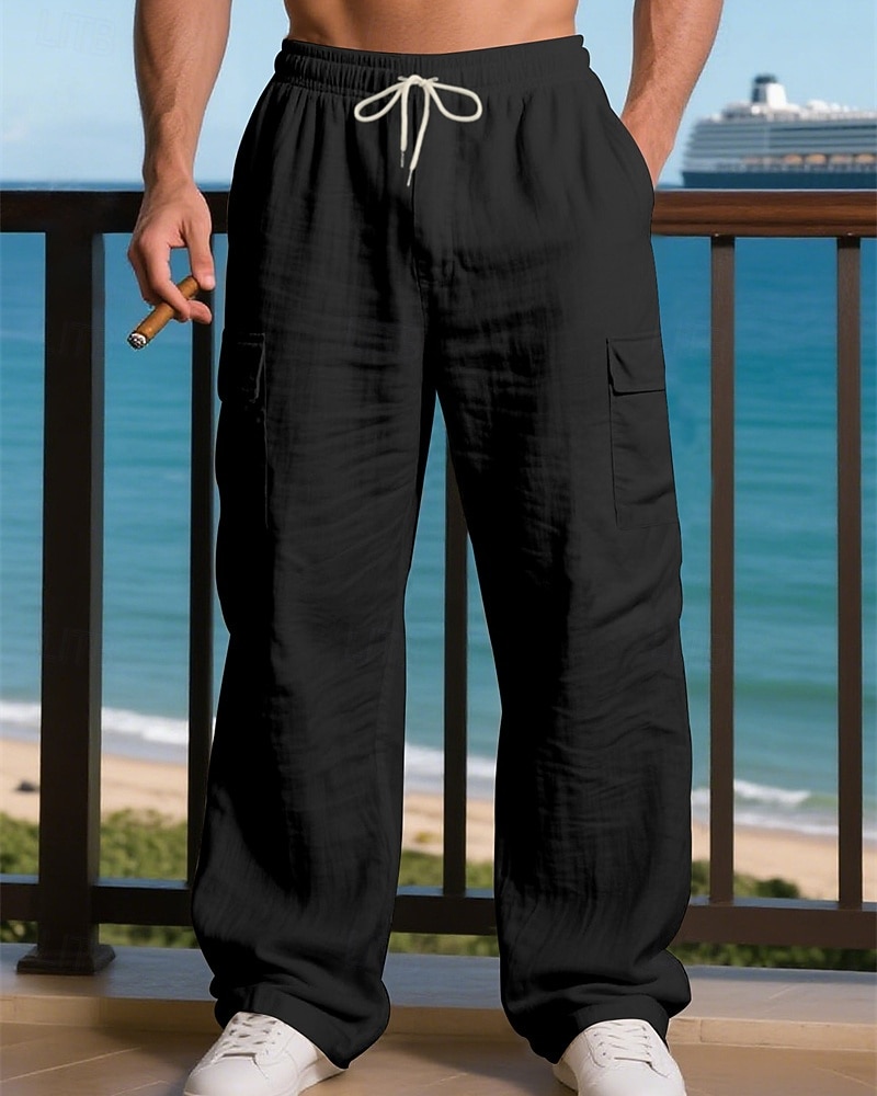 Miesten Pellavahousut Housut Kesähousut Roikkuvat housut Rantahousut Kurenauha Joustava vyötärö Yhtenäinen väri Mukavuus Hengittävä Päivittäin ulko- Hiekkaranta Loma Muoti Musta Valkoinen 2026 - $26.99 –P13