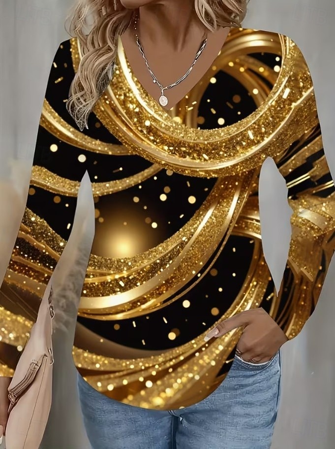 Mujer Camiseta Estampado Floral Graphic Plantas Vintage Moda Elegante Manga Larga Escote en Pico Tops regulares Diario Negro Morado Dorado Primavera Otoño Invierno 2026 - $24.99 –P2